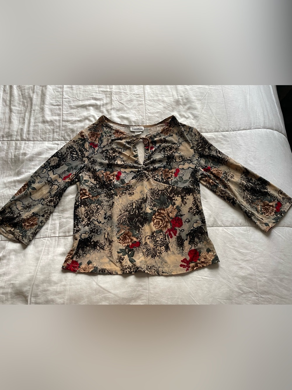 Vintage Tan Floral Quarter Sleeve Tie Front Babydoll Top Medium Western Boho Y2K